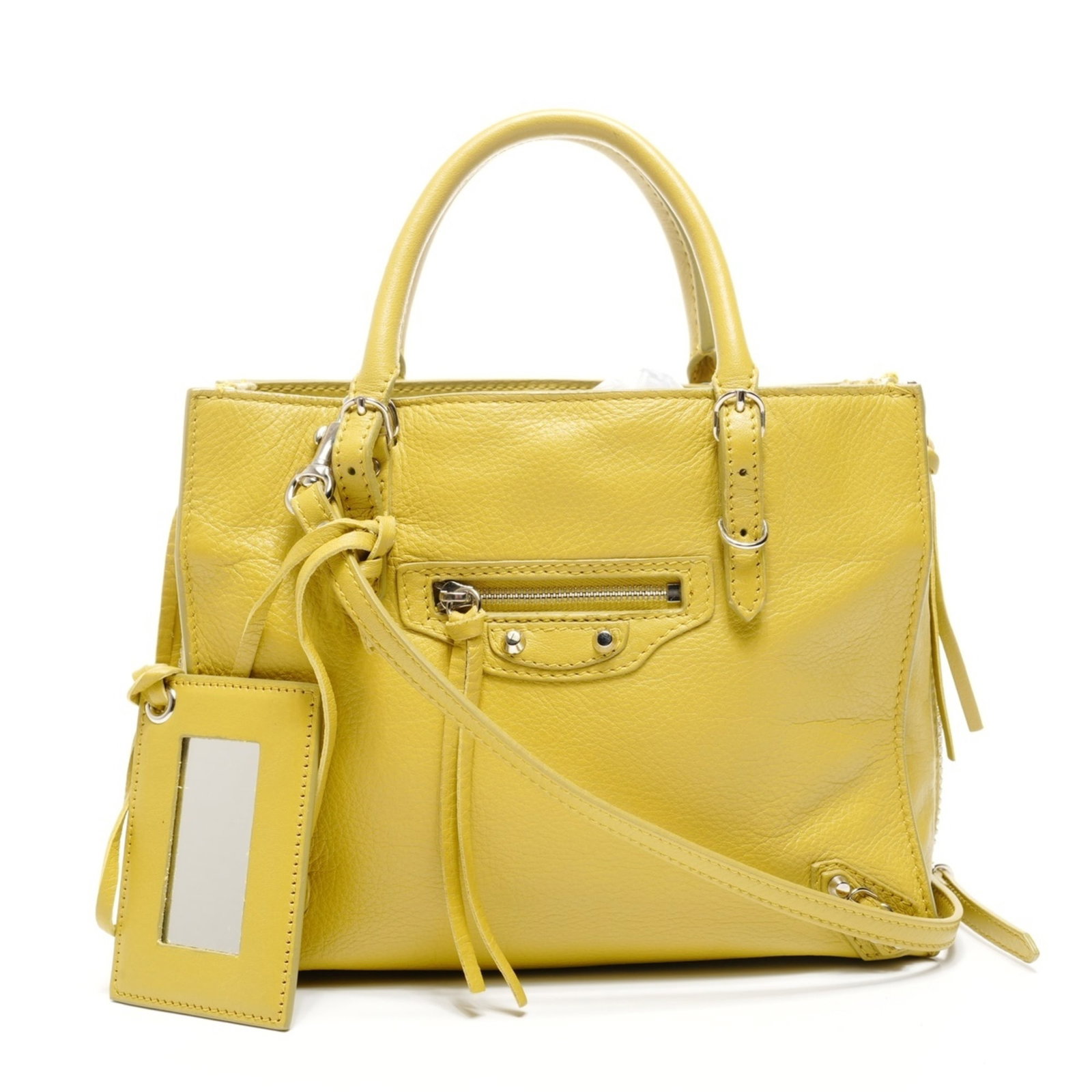 Bag Shoulder Leather Balenciaga: Bag Shoulder Leather Balenciaga Bag Shoulder Leather Balenciaga is a stylish shoulder bag made from high-quality leather, featuring a bright yellow color. Measuring 17cm x 22cm x 9cm, it has a 110cm