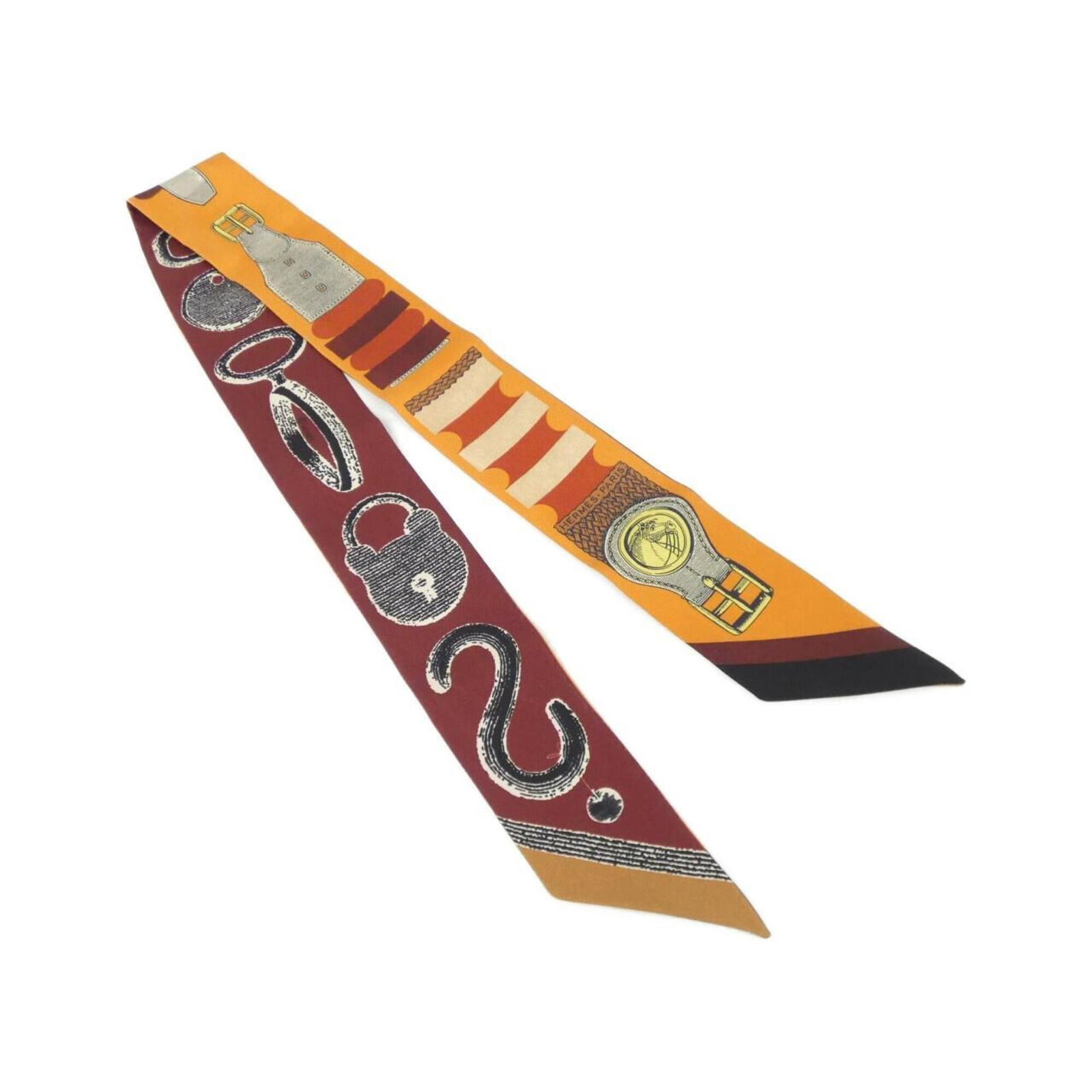 Silk Hermes Scarf: Silk Hermes Scarf Silk from Hermes, this scarf boasts vibrant orange hues and a luxurious silk material, measuring 5cm x 86cm. The iconic brand's signature style is evident in its elegant design and h