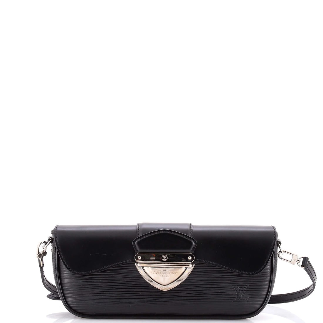 Epi Leather Montaigne Clutch Louis Vuitton: Epi Leather Montaigne Clutch Louis Vuitton Black Epi Leather Montaigne Clutch from Louis Vuitton, featuring a classic design with indentations on the flap and scuffs on the exterior. The interior is