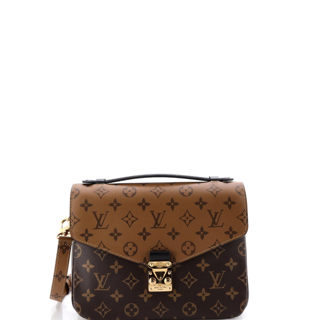 Monogram Reverse Canvas Pochette Louis Vuitton: Monogram Reverse Canvas Pochette Louis Vuitton Brown Monogram Reverse Canvas Pochette with Gold Hardware, featuring a cross body design and repainted wax edges, measures 8" tall, 9.5" wide, and 3"