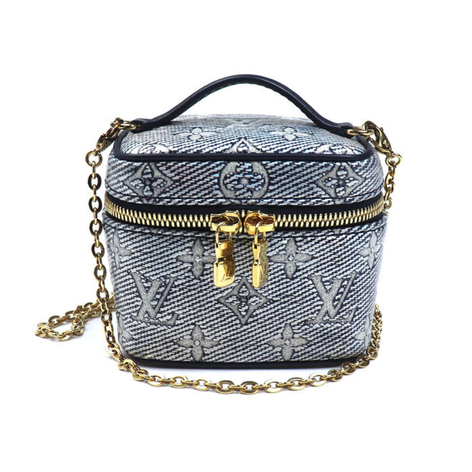 Vanity Bag Jacquard Denim Shoulder Bag Louis Vuitton: Vanity Bag Jacquard Denim Shoulder Bag Louis Vuitton Navy blue Jacquard denim shoulder bag with a mirror and dust bag, featuring a signature from the artist. This Louis Vuitton vanity bag is made of