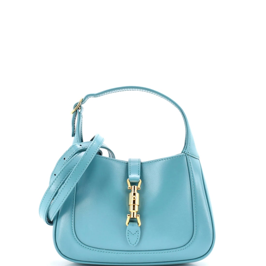Hobo Leather Mini Gucci Jackie 1961: Hobo Leather Mini Gucci Jackie 1961 Blue Hobo Leather Mini Gucci Jackie 1961 with Gold Hardware, featuring a classic design and neutral interior, measures 5" high, 8" wide, and 1.5" deep. The