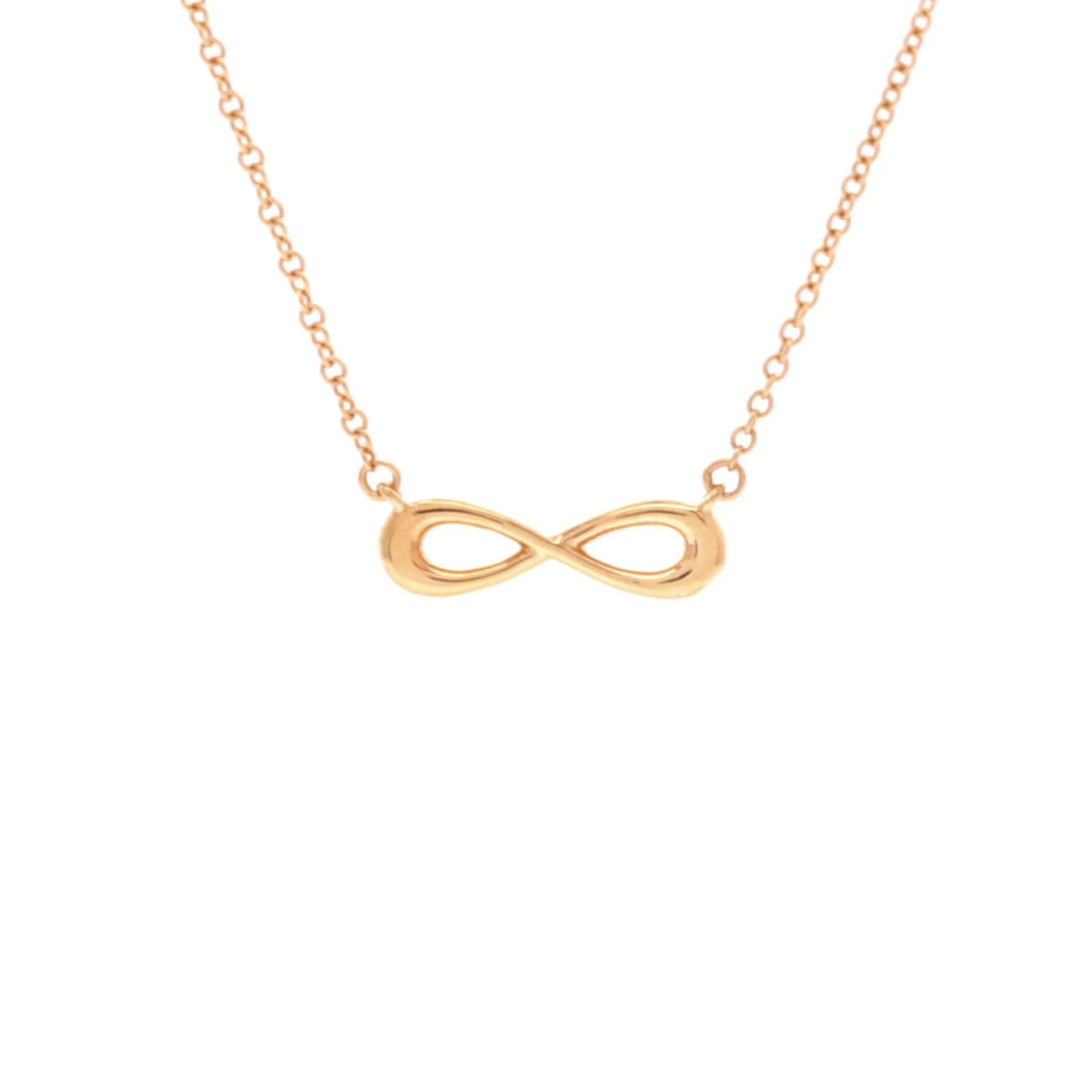 Tiffany Co Infinity Double Chain Necklace 18K Rose Gold Pendant: Tiffany Co Infinity Double Chain Necklace 18K Rose Gold Pendant 18K Rose Gold Infinity Double Chain Necklace by Tiffany & Co. boasts a sleek, modern design with a 4.1mm pendant length and 14.4mm