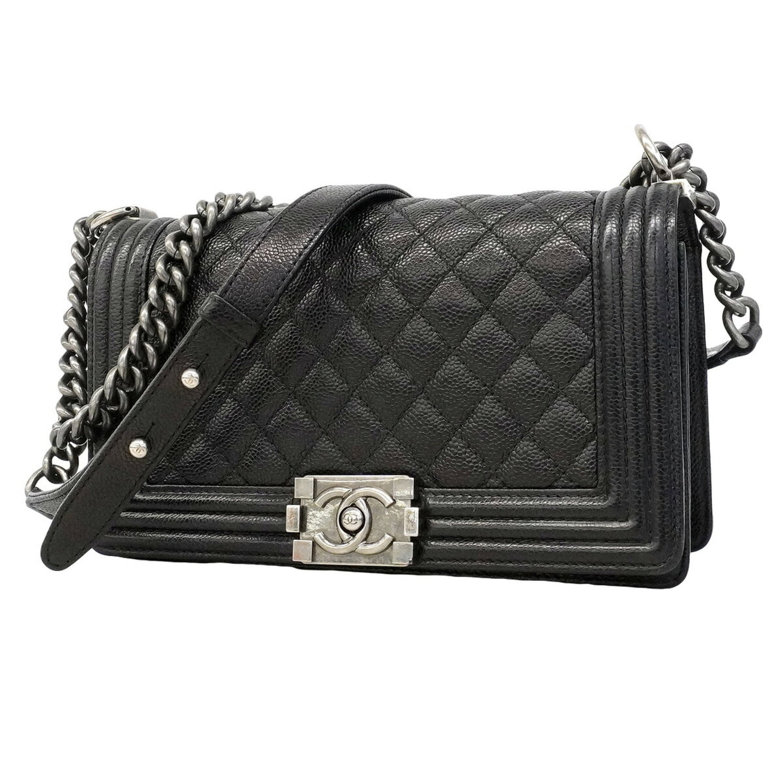 Calfskin Grained Chanel Bag Shoulder: Calfskin Grained Chanel Bag Shoulder Calfskin Grained Chanel Bag ShoulderMade from high-quality grained calfskin, this black shoulder bag features sleek silver hardware for a timeless look. With its