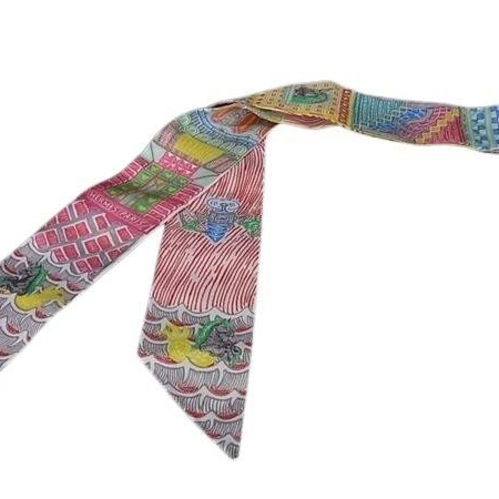 Silk Hermes Scarf: Silk Hermes Scarf Silk from France, this 84.5cm x 5cm scarf features a multi-color design, showcasing the iconic style of Hermes. Made from high-quality silk, its compact size makes it a versatile acc