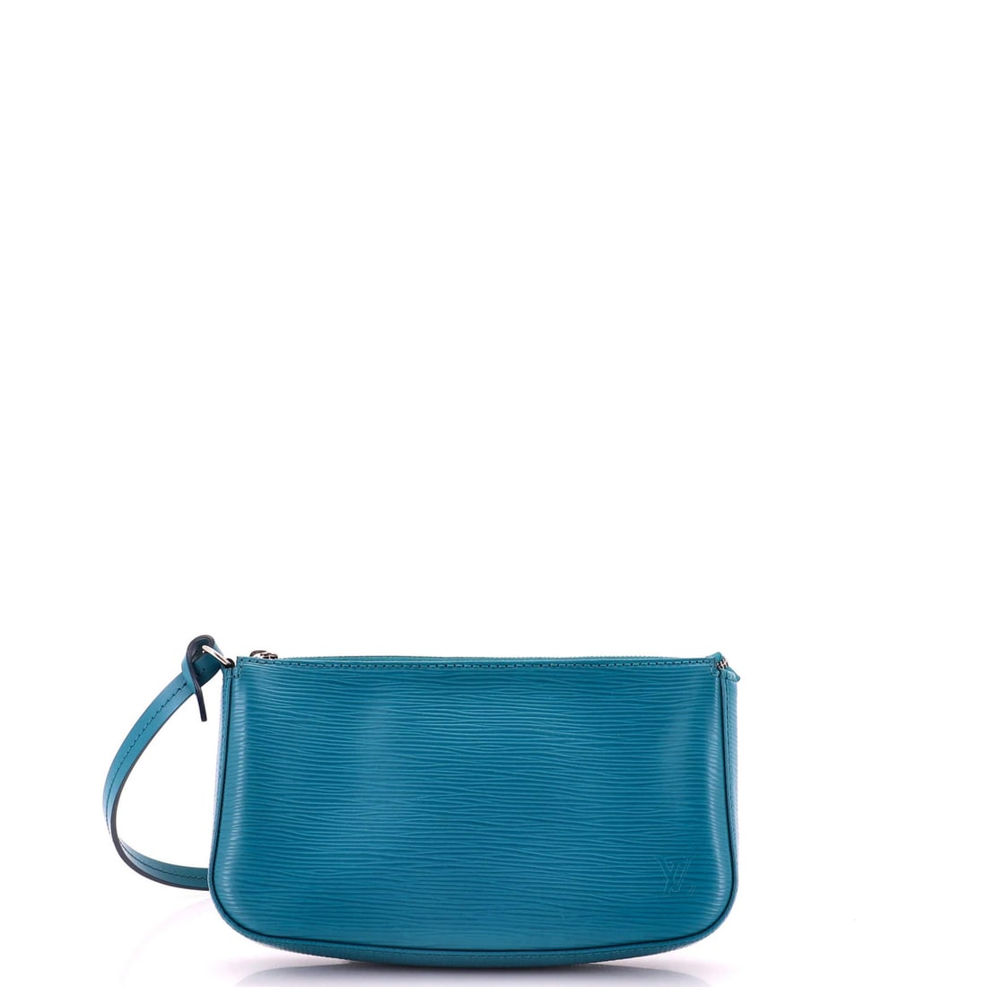 Vuitton Pochette Accessoires Epi Leather NM Louis: Vuitton Pochette Accessoires Epi Leather NM Louis Blue Louis Vuitton Pochette Accessoires Epi Leather Clutch with Silver Hardware, featuring a classic design with scuffs, edge wear, and minor stains,