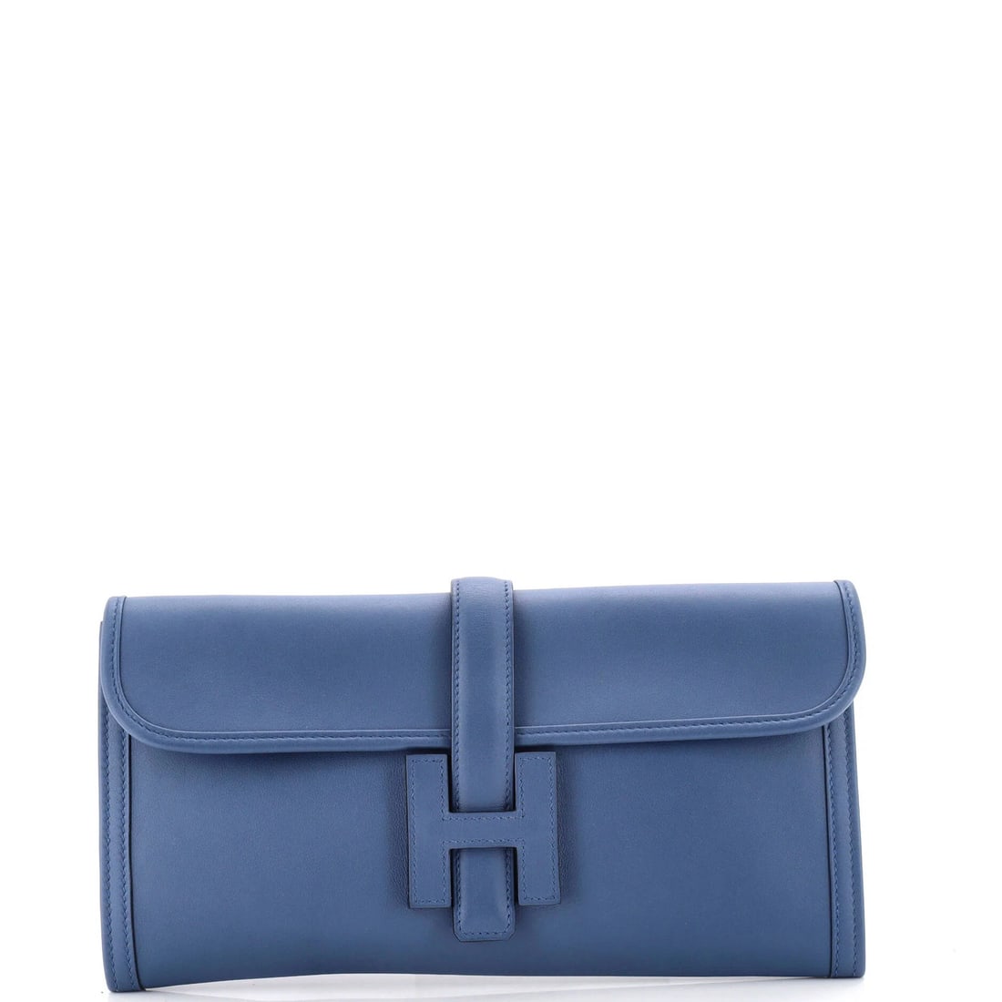 Swift Hermes Jige Elan Clutch: Swift Hermes Jige Elan Clutch Swift Hermes Jige Elan Clutch in vibrant blue leather, featuring a sleek 6" height and 11" width, making it a stylish and compact accessory. The exterior showcases