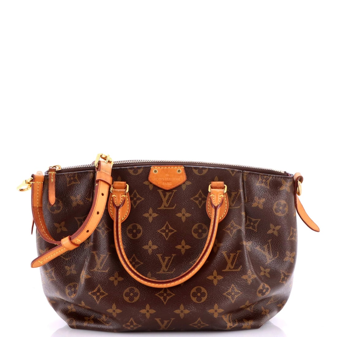 Handbag Monogram Canvas Louis Vuitton Turenne: Handbag Monogram Canvas Louis Vuitton Turenne Brown Louis Vuitton Turenne handbag with monogram canvas exterior, featuring a classic satchel design and gold hardware. The bag measures 9" tall, 9" wide