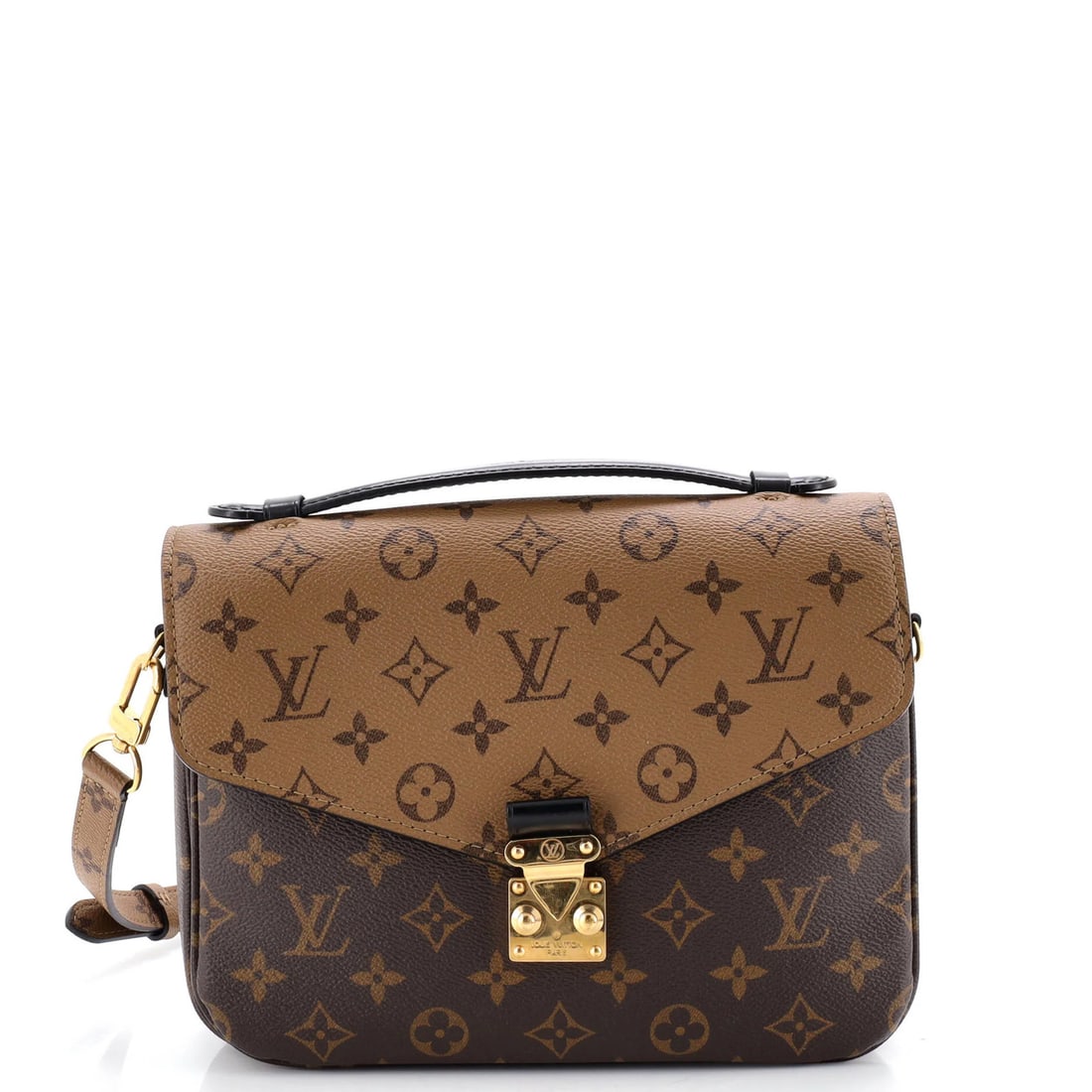 Monogram Reverse Canvas Pochette Louis Vuitton: Monogram Reverse Canvas Pochette Louis Vuitton Brown Monogram Reverse Canvas Pochette with Gold Hardware, featuring a cross body design and repainted wax edges, measures 8" tall, 9.5" wide, and 3" dee