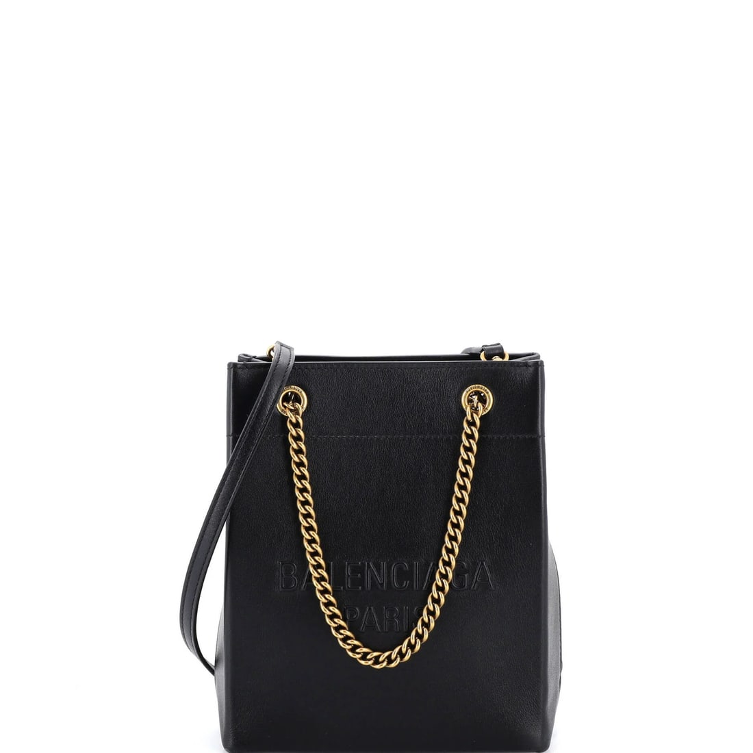 Balenciaga Duty Free Crossbody Phone Holder Leather: Balenciaga Duty Free Crossbody Phone Holder Leather Black leather crossbody bag with a 4" handle drop, 8" height, and 6.5" width, featuring a 10-22.5" adjustable strap. The bag's exterior shows heavy