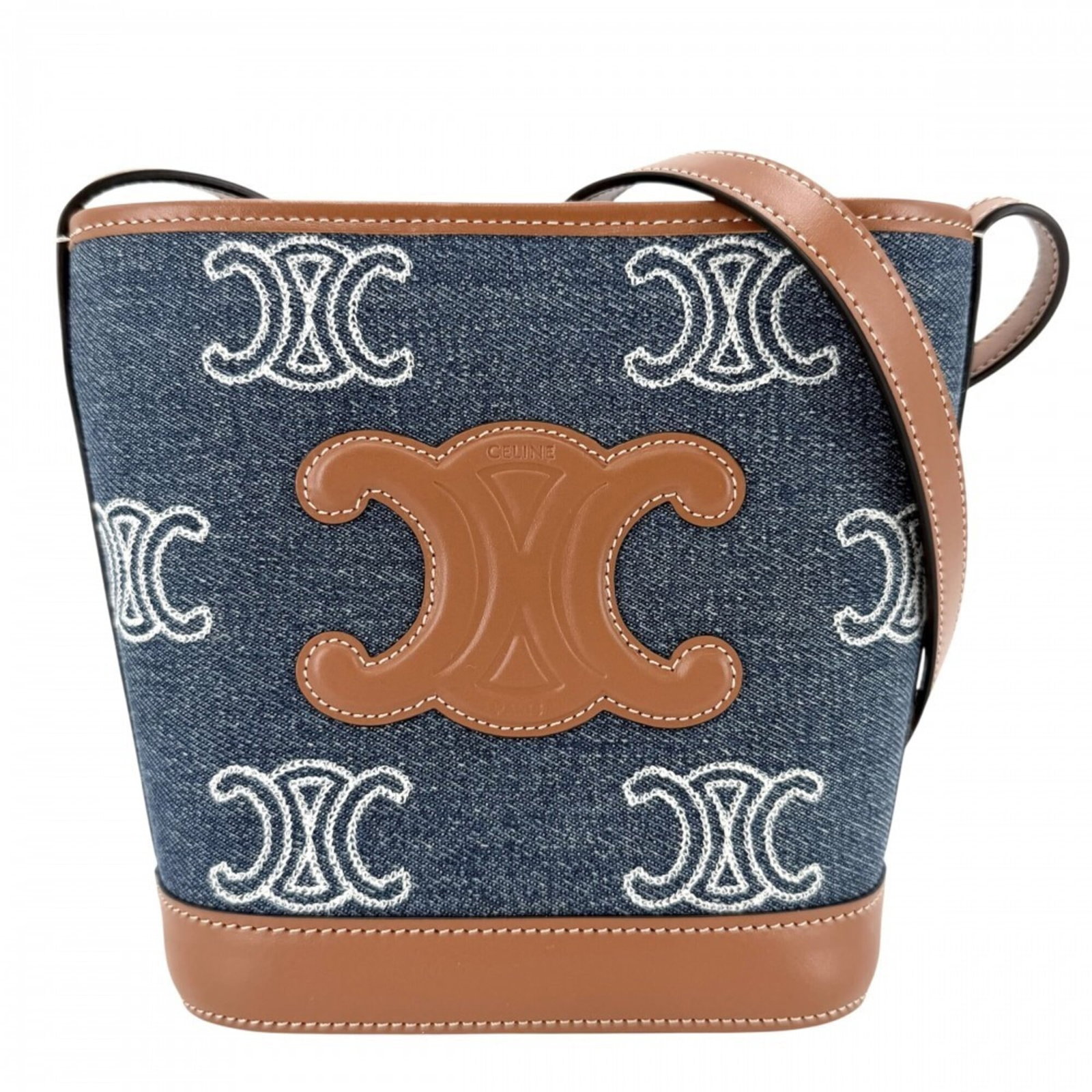 Celine leather denim shoulder bag: Celine leather denim shoulder bag Calfskin denim leather bag with a rich brown color, featuring a signature and a sturdy 103cm strap length. Made from a combination of denim and leather, this