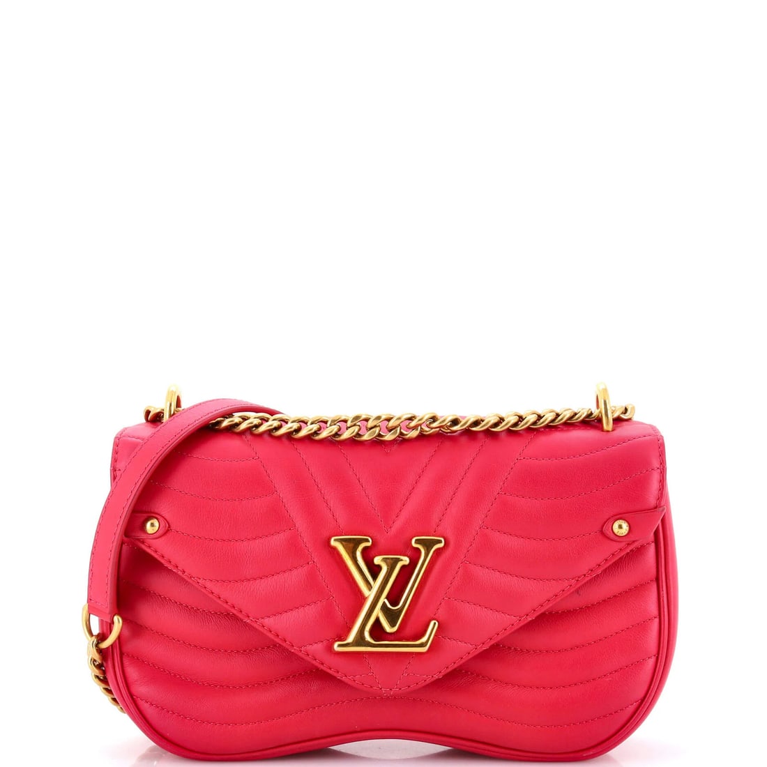 Leather MM Quilted Chain Bag Louis Vuitton New: Leather MM Quilted Chain Bag Louis Vuitton New Pink Louis Vuitton New Wave Chain Bag Quilted Leather MM features a classic cross body design with a quilted leather exterior and gold hardware. Measurin