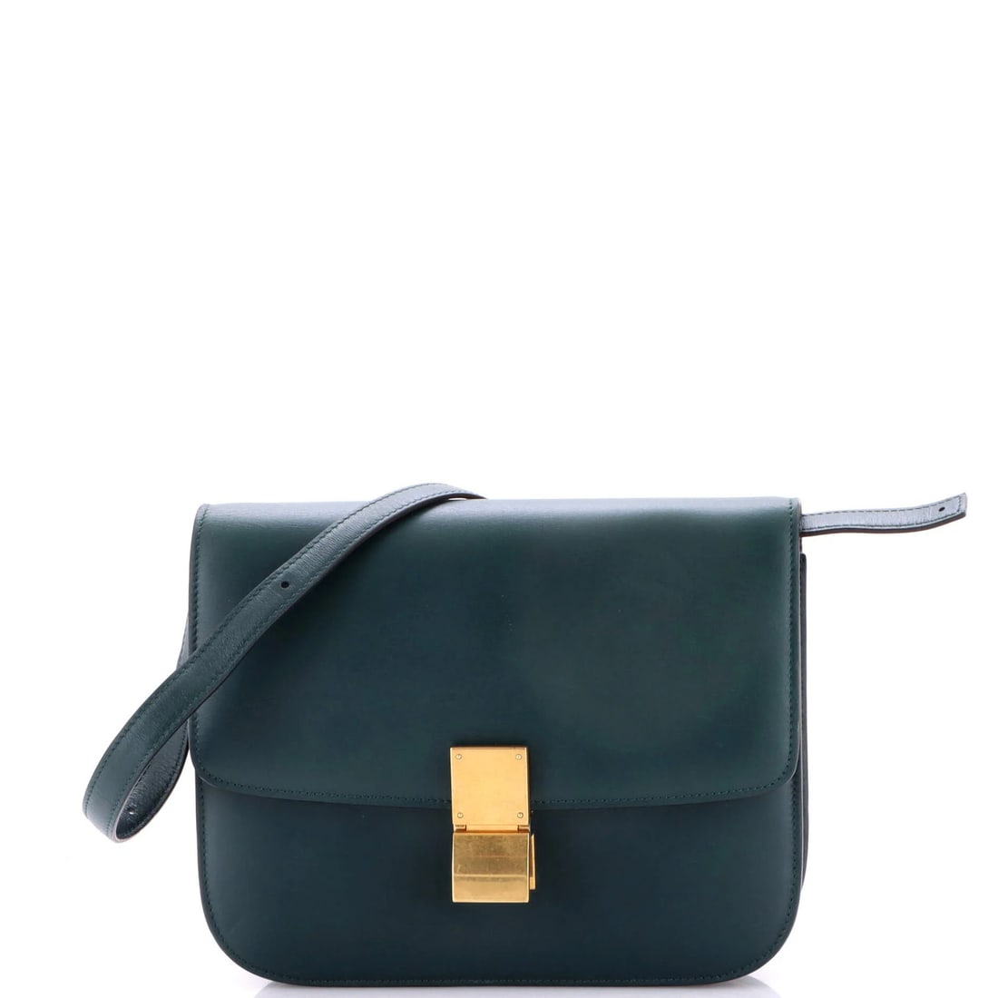 Smooth Leather Bag Box Classic Medium Celine: Smooth Leather Bag Box Classic Medium Celine Smooth leather exterior in a classic green hue, this medium-sized Celine bag box features a timeless cross body design. With a gold hardware accent, the