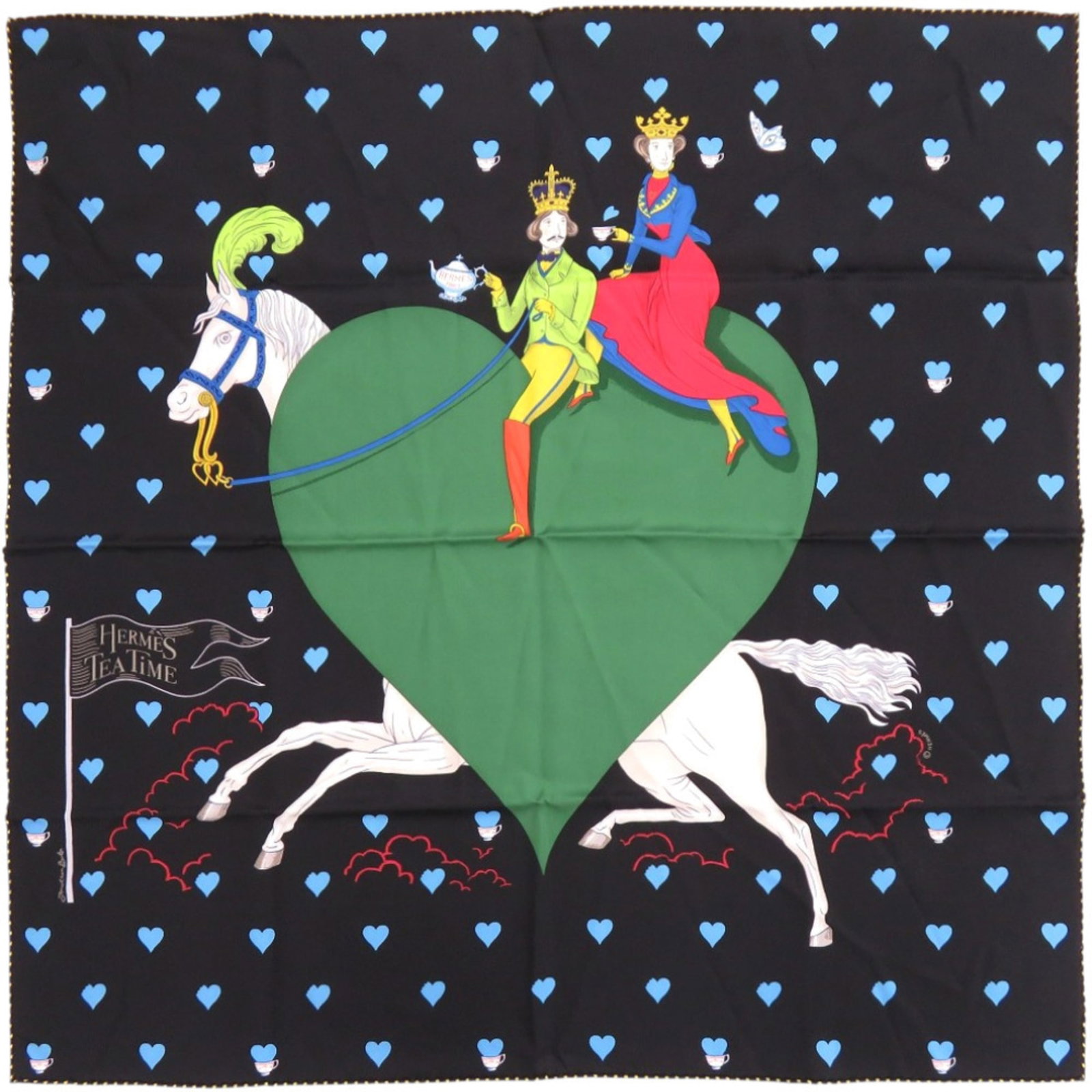 Silk Hermes Scarf: Silk Hermes Scarf Silk from France, this black, green, and light blue scarf is made from high-quality silk. The classic design and timeless colors make it a versatile accessory for any occasion. Item