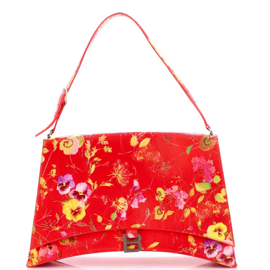 Large printed leather sling bag by Balenciaga Crush: Large printed leather sling bag by Balenciaga Crush This large printed leather sling bag by Balenciaga Crush boasts a striking red exterior with a unique print design. Measuring 9.5" tall, 16" wide, a
