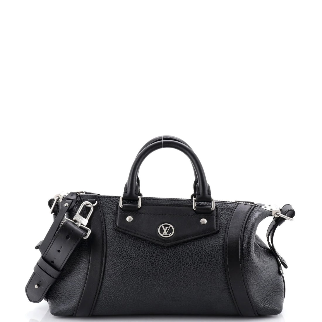 Biker Bag Leather PM Louis Vuitton: Biker Bag Leather PM Louis Vuitton Black leather Louis Vuitton Biker Bag PM with silver hardware, featuring a sturdy strap and classic design. The interior is lined with brown fabric, providing a