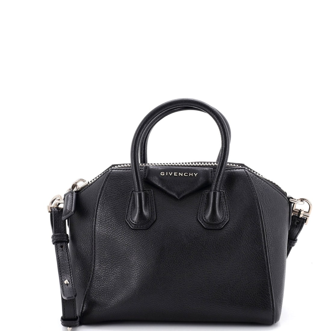 Leather Mini Bag Antigona Givenchy: Leather Mini Bag Antigona Givenchy Black leather mini bag with a classic cross body design, featuring silver hardware and a timeless silhouette. The Antigona bag boasts a sleek, sophisticated look