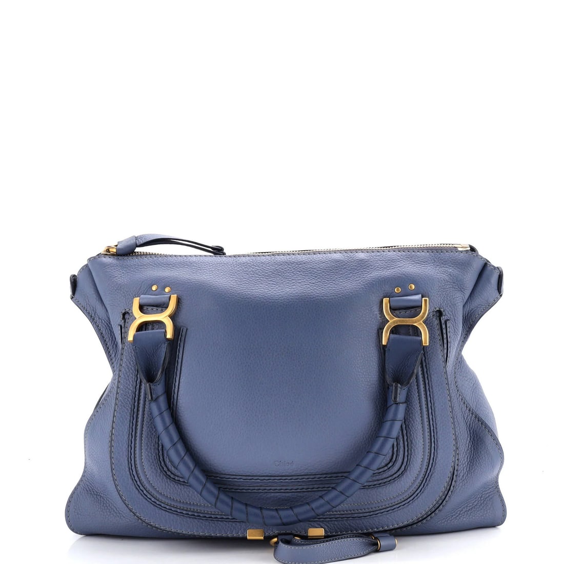 Large Leather Chloe Marcie Shoulder Bag: Large Leather Chloe Marcie Shoulder Bag Large Leather Chloe Marcie Shoulder Bag in Blue, featuring a spacious interior with green fabric lining and gold hardware, with scuffs, cracking, and minor disc