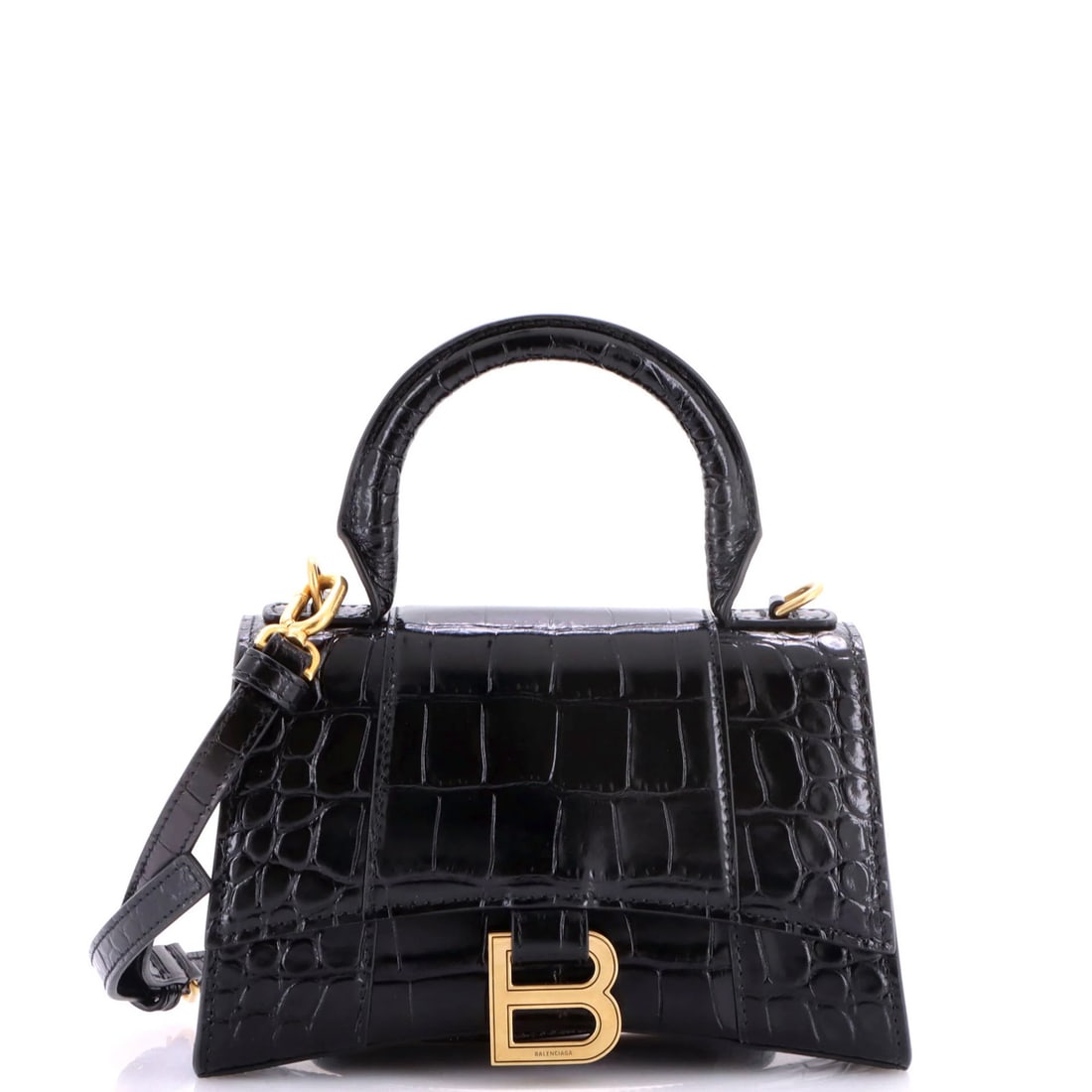 XS Crocodile Embossed Leather Top Handle Bag Hourglass Balenciaga: XS Crocodile Embossed Leather Top Handle Bag Hourglass Balenciaga Black Crocodile Embossed Leather Top Handle Bag with Aged Gold Hardware, measuring 4" drop handle, 5" height, 7.5" width, and 3"