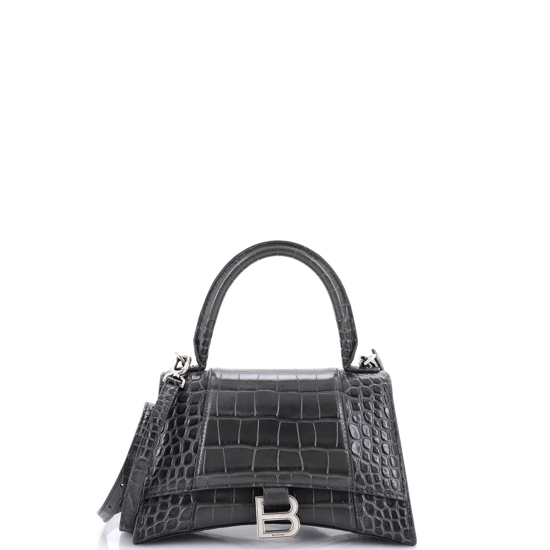 Crocodile Embossed Leather Small Handle Top Bag Hourglass Balenciaga: Crocodile Embossed Leather Small Handle Top Bag Hourglass Balenciaga Crocodile embossed leather adds a touch of luxury to this small cross body bag from Balenciaga. With a sleek hourglass design and