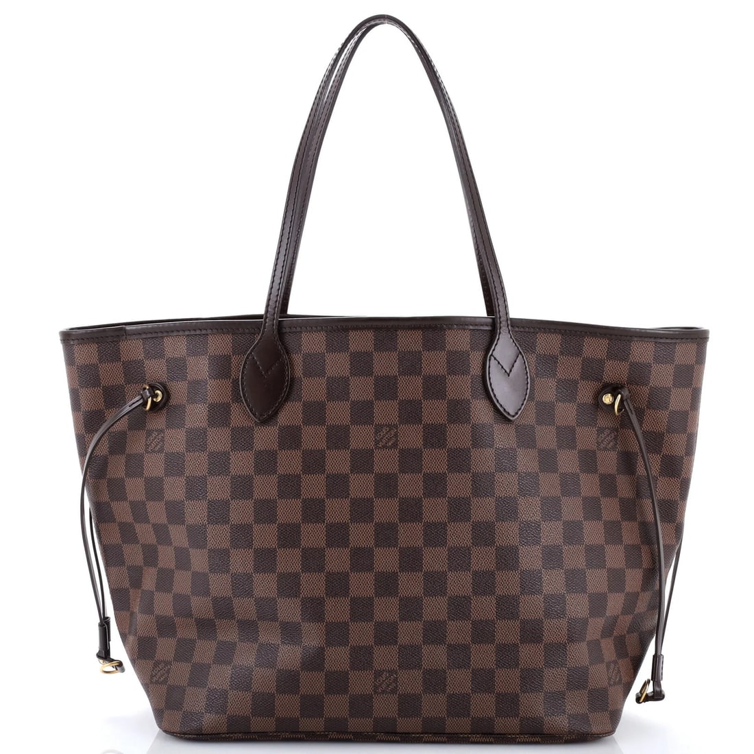 Louis Vuitton Neverfull Damier MM: Louis Vuitton Neverfull Damier MM Brown Louis Vuitton Neverfull Damier MM Tote with Gold Hardware, featuring a classic canvas-coated exterior and a spacious interior with a red lining. The exterior