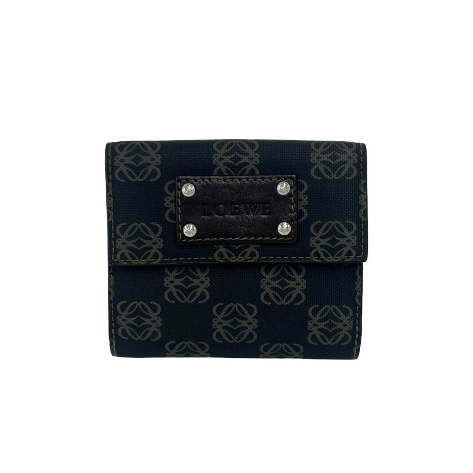 Pvc Leather Wallet Bi Fold Loewe: Pvc Leather Wallet Bi Fold Loewe Bi-fold wallet in brown PVC leather from Loewe, measuring 10cm x 11.5cm x 2.5cm. This wallet features a classic design with a sturdy construction, making it a