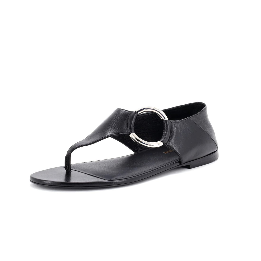 Saint Laurent Women's Ring Flat Sandals Leather: Saint Laurent Women's Ring Flat Sandals Leather Black leather Saint Laurent women's ring flat sandals with silver hardware, featuring minor scuffs and creasing throughout, marks and light wear on