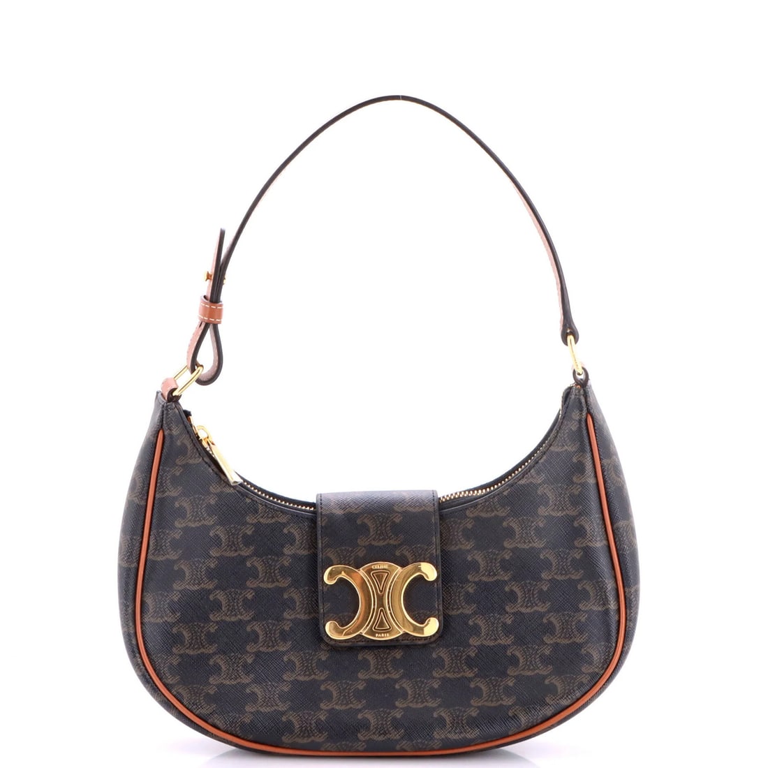 Canvas Coated Triomphe Bag Triomphe Ava Celine: Canvas Coated Triomphe Bag Triomphe Ava Celine The Celine Ava Triomphe Bag is a stylish shoulder bag made from canvas-coated exterior and featuring a brown color. With its gold hardware and minor scuf