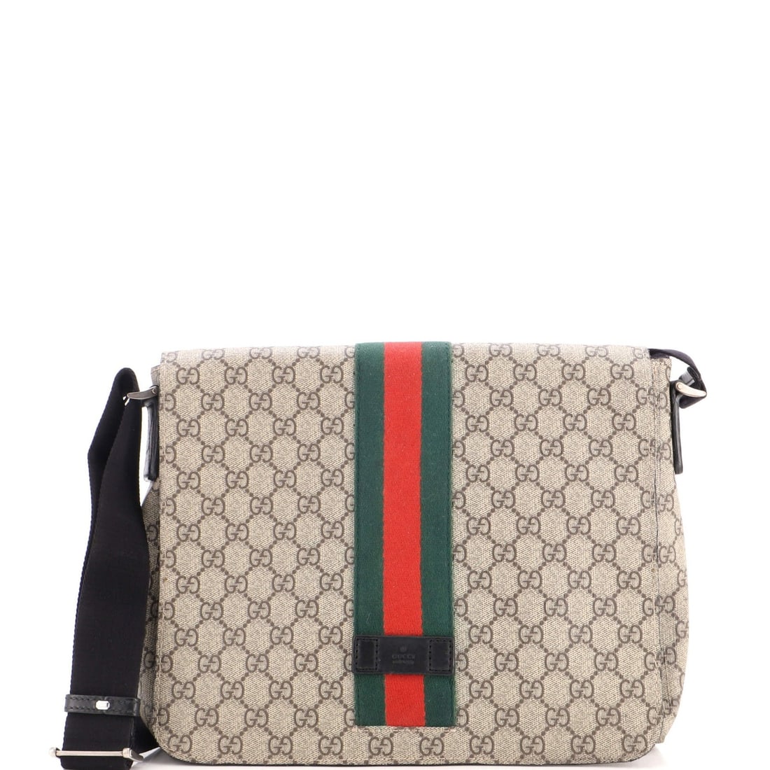 Gucci GG Coated Canvas Medium Flap Web Messenger Bag: Gucci GG Coated Canvas Medium Flap Web Messenger Bag Gucci GG Coated Canvas Medium Flap Web Messenger Bag, a stylish and functional bag with a distinctive web design. Measuring 9" high, 13" wide, and 