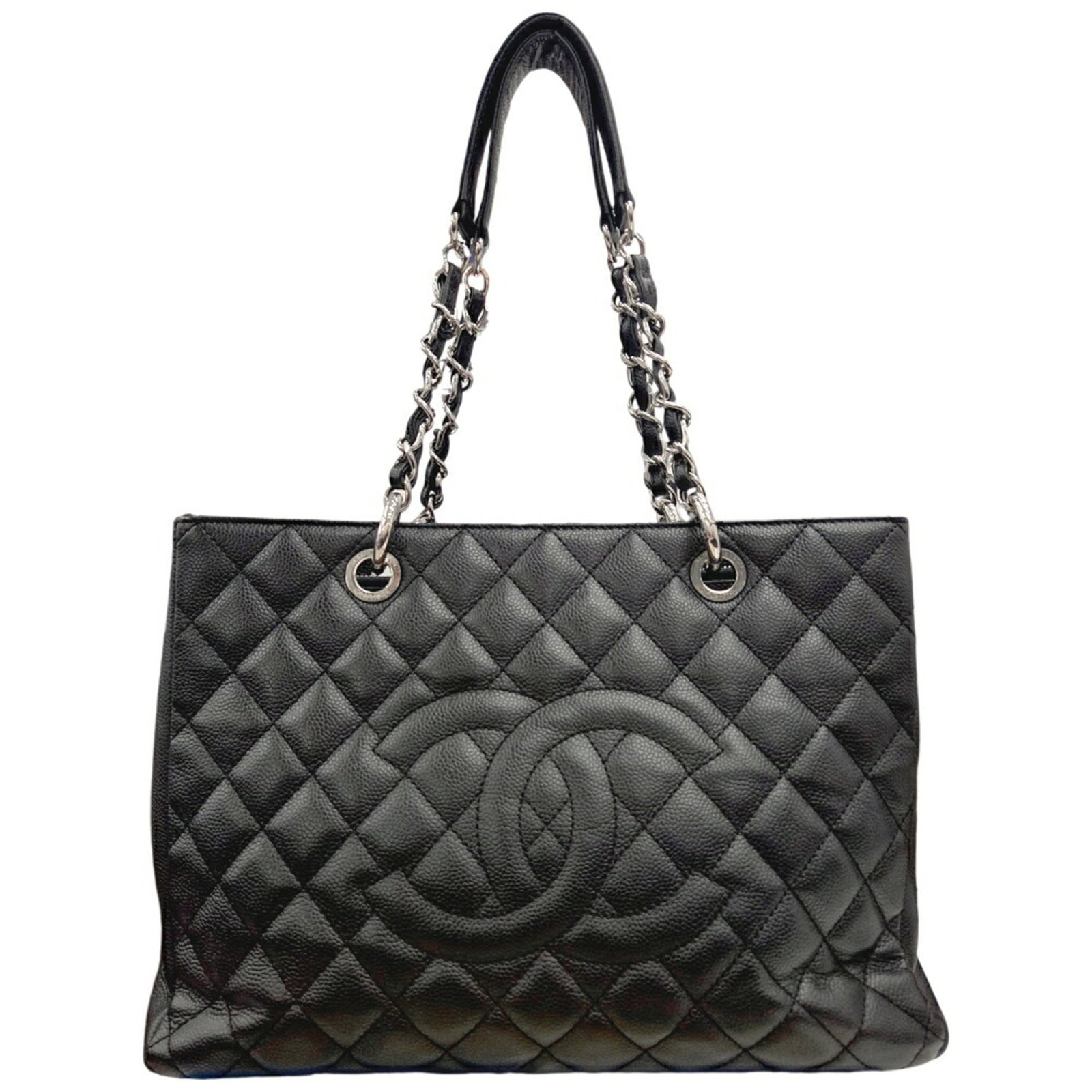 Calfskin Tote Bag Chanel: Calfskin Tote Bag Chanel Grained Calfskin Tote Bag in Black. This Chanel tote bag features a classic design with a 24.5cm x 33cm x 13.5cm size, making it a versatile and practical accessory. The