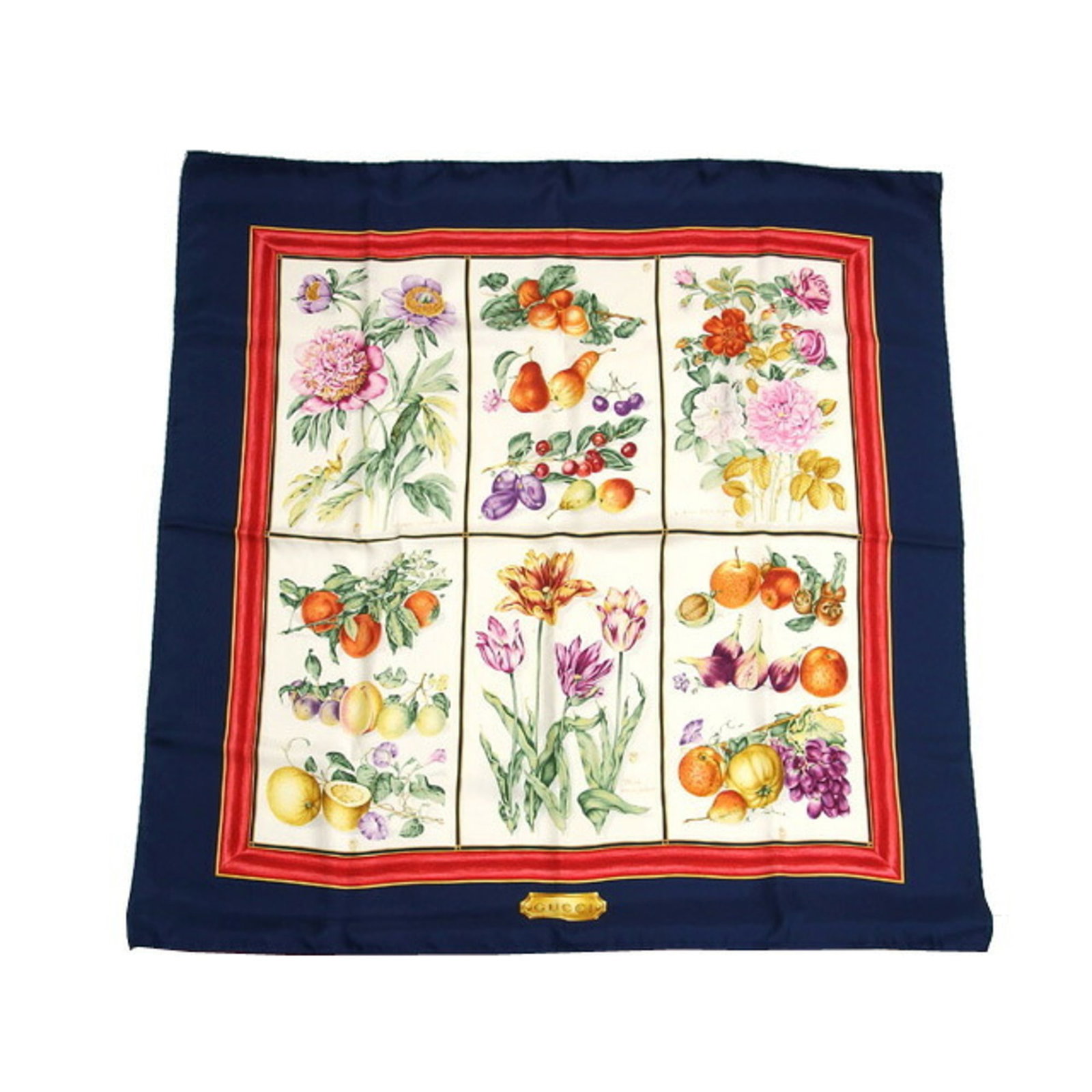 Silk Gucci Scarf 100%: Silk Gucci Scarf 100% Silk Gucci Scarf, 100% genuine, boasts a vibrant multi-color, navy, and red design, presented in a striking 89cm x 87cm silk fabric. The scarf's elegant white accents add a touch