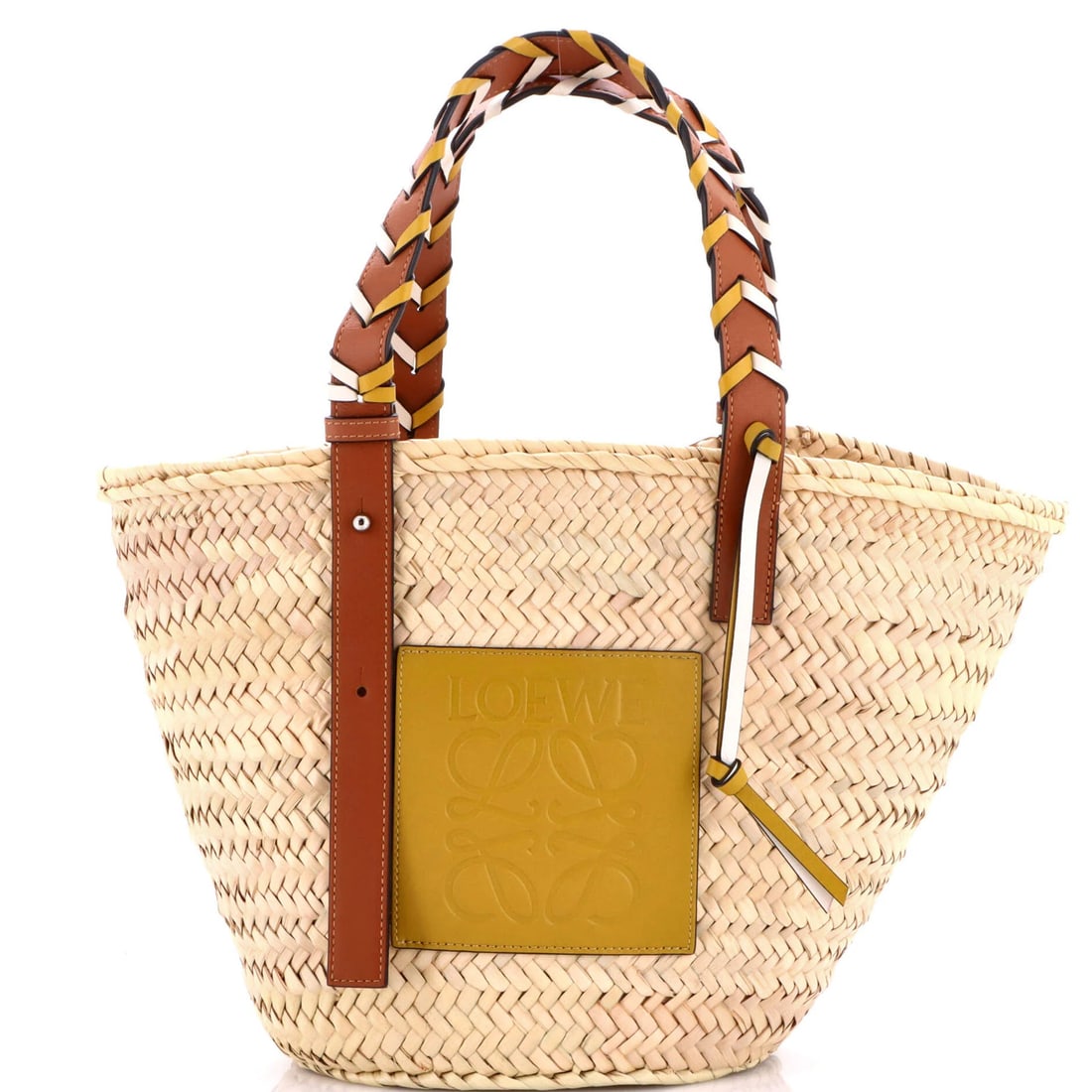 Braided Handle Loewe Raffia Tote Medium Basket: Braided Handle Loewe Raffia Tote Medium Basket Brown Braided Handle Loewe Raffia Tote Medium Basket with Gold Hardware, featuring a medium size with 7" handle drop, 7" height, 8.5" width, and 5"