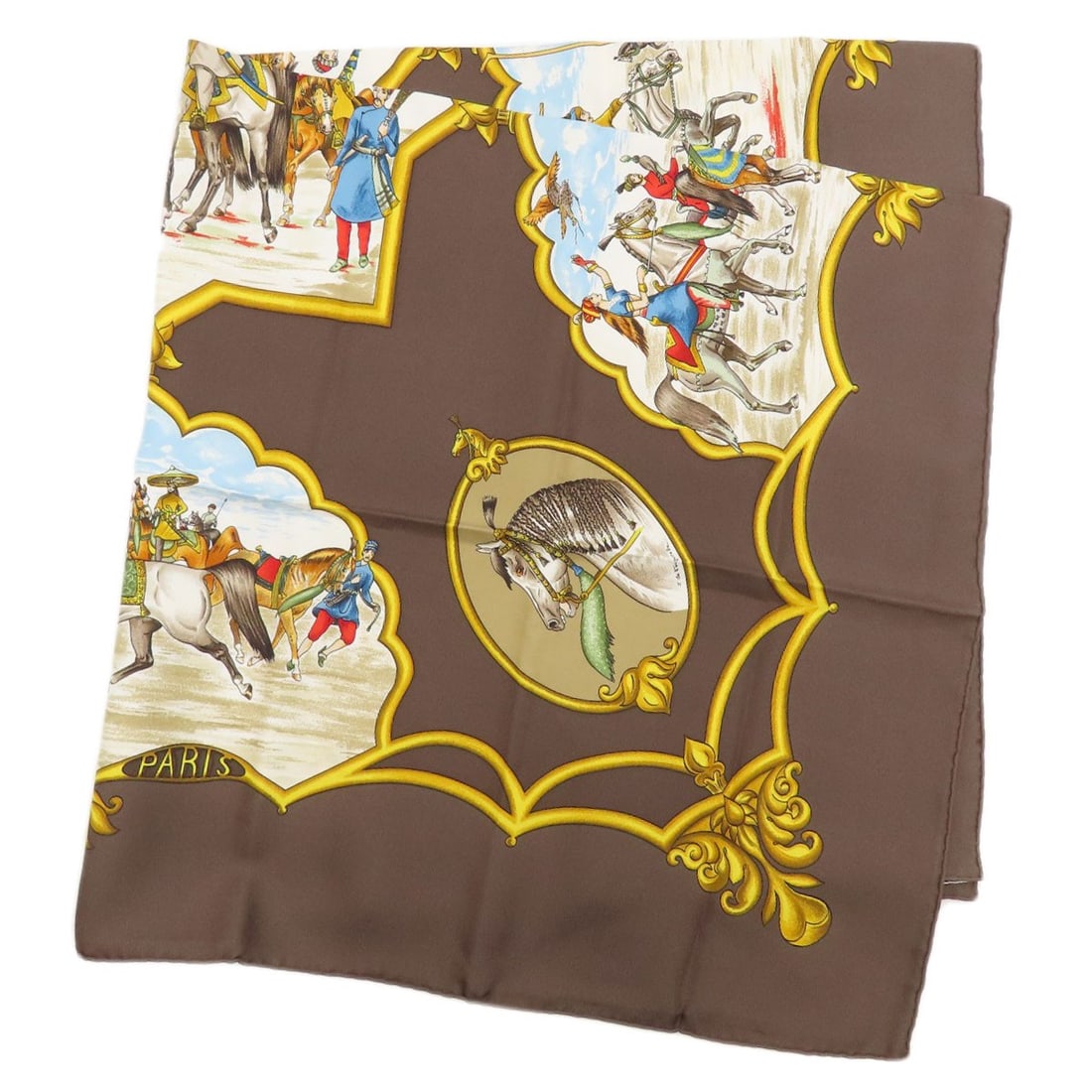 Horse Scarf Silk Mughal Carre90 Hermes: Horse Scarf Silk Mughal Carre90 Hermes Silk Mughal Carre90 scarf from the renowned brand Hermes, featuring a rich brown exterior color and open closure. This scarf is crafted from high-quality silk, m
