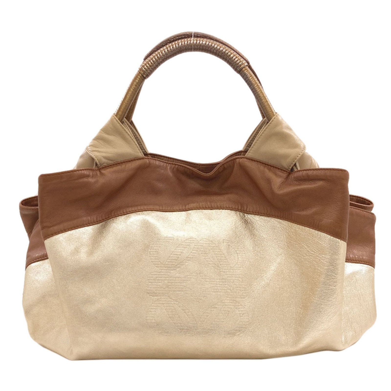 Handbag Leather Handbag: Handbag Leather Handbag The Loewe Nappa Aire Handbag is a luxurious leather handbag made from lambskin, featuring a gold color and gold handle. Its sleek design and premium leather material make it a