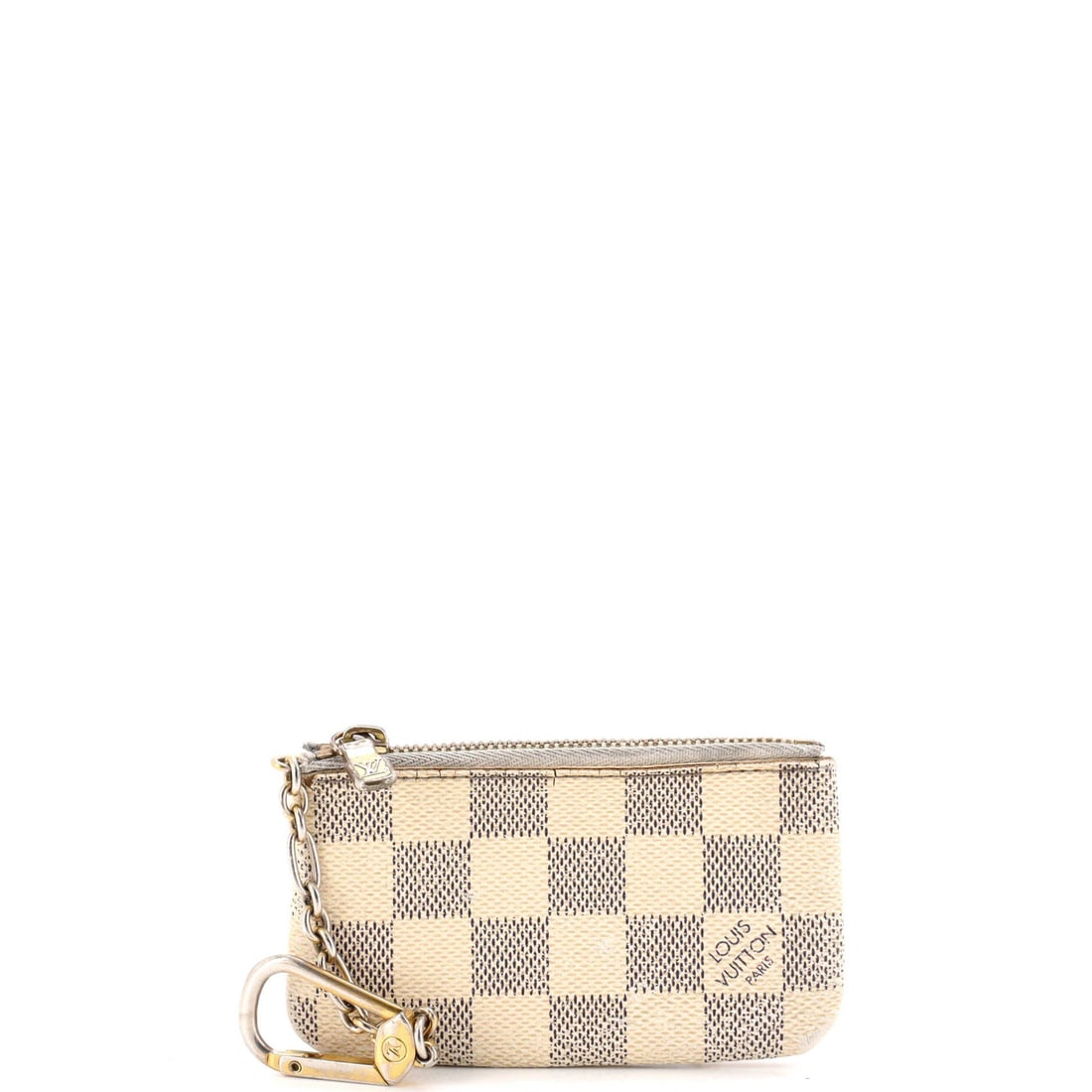 Key Pouch Damier by Louis Vuitton: Key Pouch Damier by Louis Vuitton White canvas coated Damier Key Pouch by Louis Vuitton features a neutral leather interior and gold hardware. The item has a fair condition with heavy wear and scuffs,