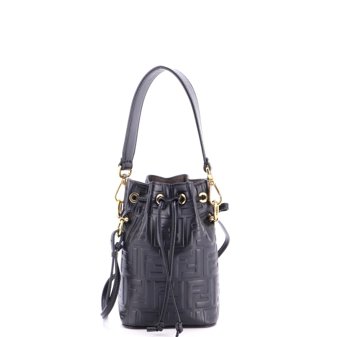 Mon Tresor Bucket Bag Zucca Embossed Leather Mini Fendi: Mon Tresor Bucket Bag Zucca Embossed Leather Mini Fendi Black Mon Tresor Bucket Bag Zucca Embossed Leather Mini Fendi features a sleek, embossed leather exterior with a classic bucket style. The
