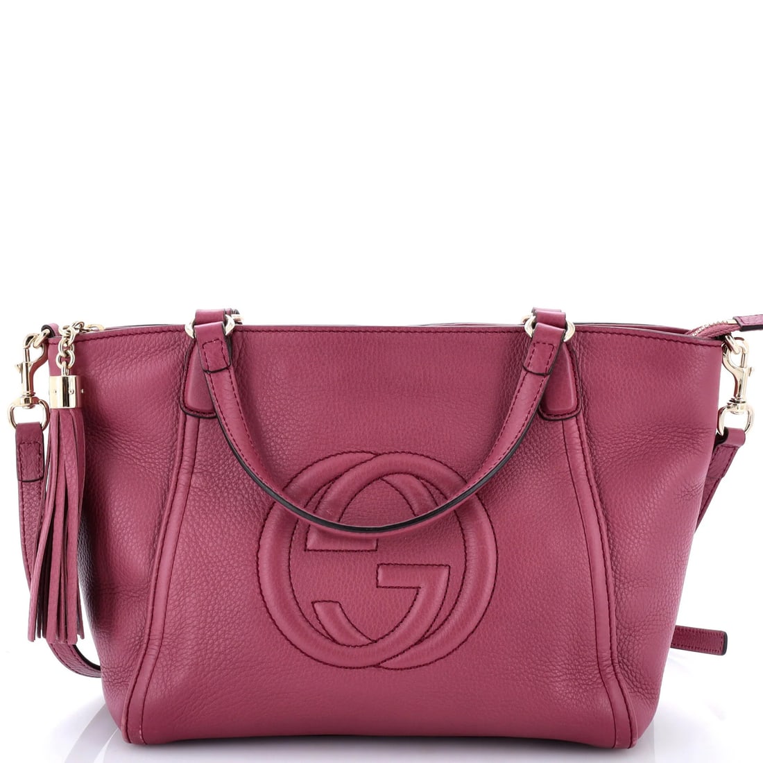 Small leather handle top bag convertible Gucci Soho: Small leather handle top bag convertible Gucci Soho Small leather handle top bag convertible Gucci Soho in pink leather, featuring a convertible design with a 4.5" handle drop and 20-22" strap drop, p