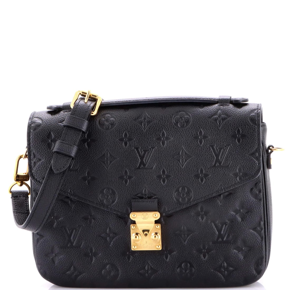 Empreinte Leather Pochette Monogram Vuitton Louis: Empreinte Leather Pochette Monogram Vuitton Louis Black Empreinte Leather Pochette Monogram Vuitton Louis with minor creases, cracking, and corner wear, featuring gold hardware and a classic cross bod