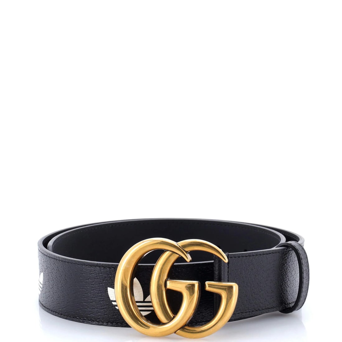 Gucci x adidas GG Marmont Belt Printed Leather: Gucci x adidas GG Marmont Belt Printed Leather Black Gucci x adidas GG Marmont Belt features printed leather with aged gold hardware. The belt has a great condition, with visible creases and scuffs,