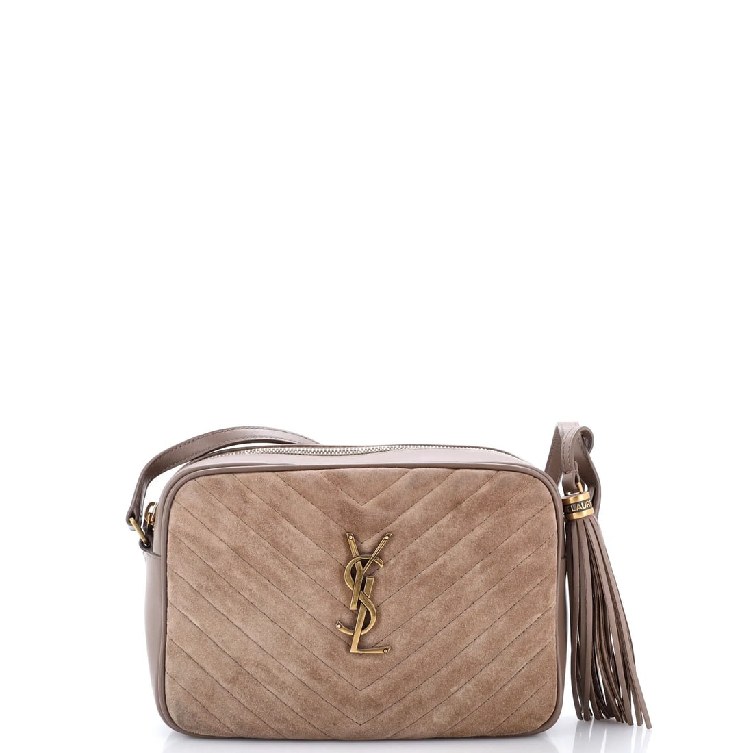 Lou Camera Small Saint Laurent Suede Matelasse Chevron Bag: Lou Camera Small Saint Laurent Suede Matelasse Chevron Bag Small Saint Laurent Lou Camera Matelasse Chevron Suede Cross Body Bag in Neutral Suede with Black Interior and Gold Hardware. This stylish