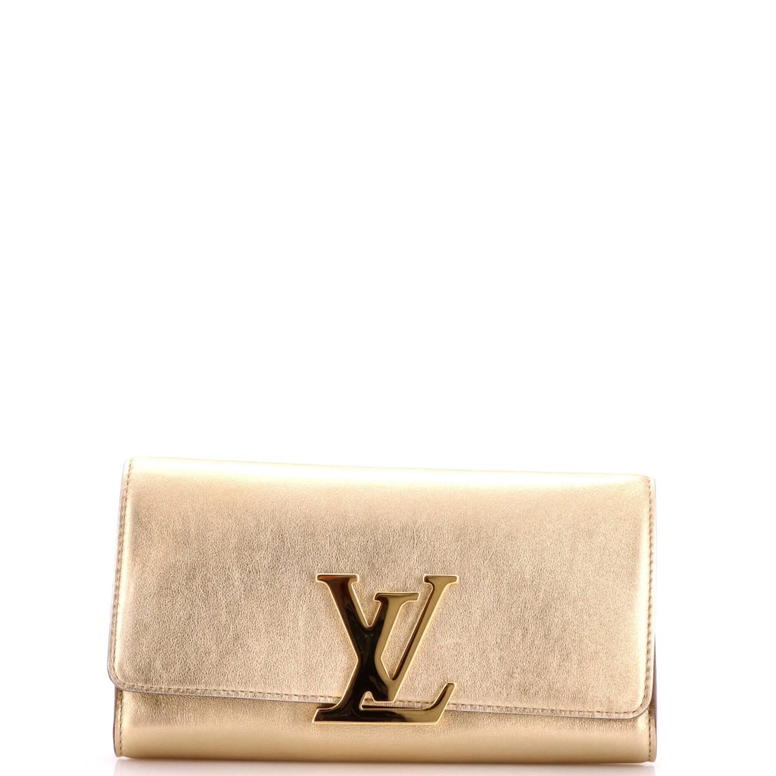 Long leather clutch Louise Vuitton Louis: Long leather clutch Louise Vuitton Louis Gold Louis Vuitton Louise Clutch with Long Strap, featuring a classic design and luxurious gold exterior, measures 6" tall, 9.5" wide, and 1" deep, with a 19" 