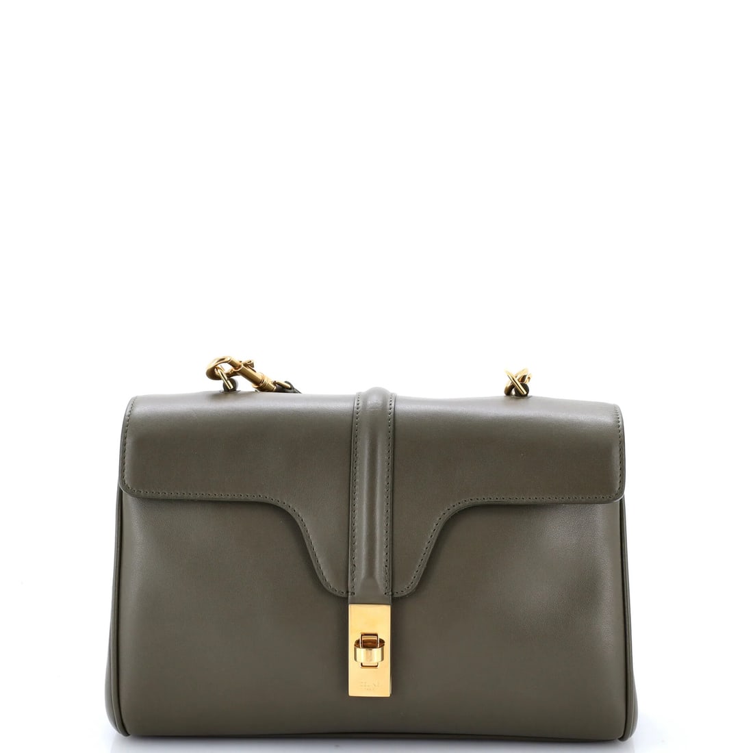 Calfskin Teen Bag Soft 16 Celine: Calfskin Teen Bag Soft 16 Celine Soft 16 Calfskin Teen Bag from Celine, featuring a smooth green exterior made from high-quality leather, adorned with gold hardware and a suede interior. The bag's