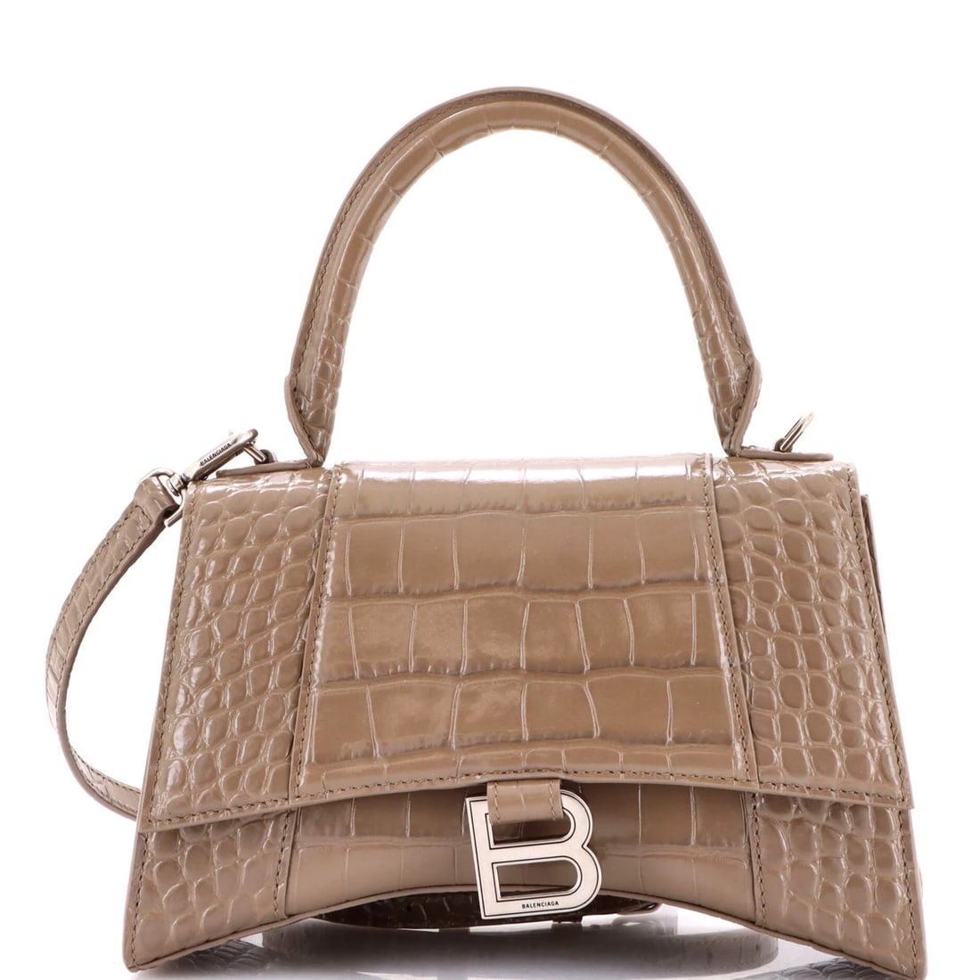 Crocodile Embossed Leather Small Handle Top Bag Hourglass Balenciaga: Crocodile Embossed Leather Small Handle Top Bag Hourglass Balenciaga Crocodile embossed leather adds a touch of luxury to this small cross body bag from Balenciaga. With a classic hourglass design