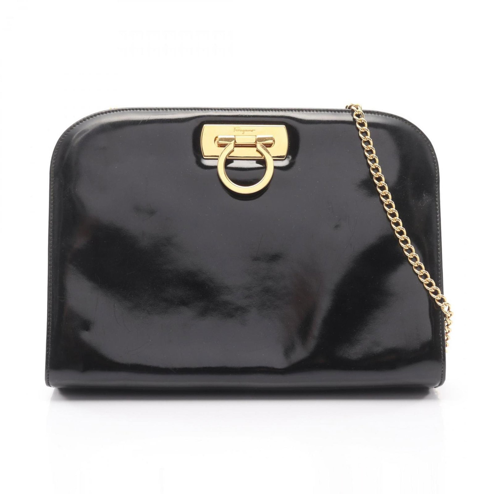 Patent Leather Handbag Salvatore Ferragamo Shoulder Bag: Patent Leather Handbag Salvatore Ferragamo Shoulder Bag Patent leather shoulder bag from Salvatore Ferragamo, featuring a sleek black design with a signature on the exterior. Made from high-quality