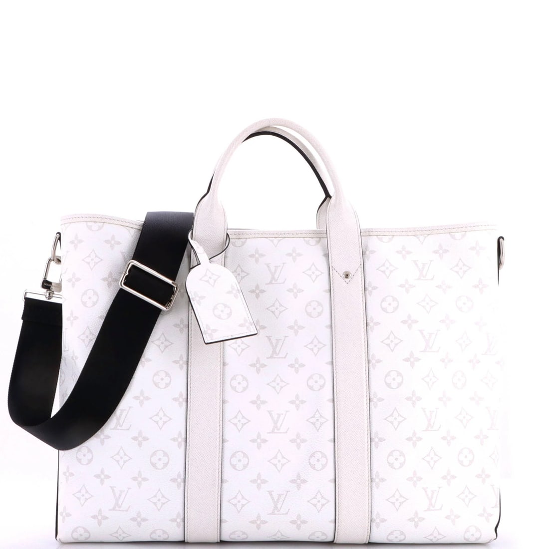 Louis Vuitton Taigarama Monogram NM Weekend Tote: Louis Vuitton Taigarama Monogram NM Weekend Tote White canvas coated Louis Vuitton Taigarama Monogram NM Weekend Tote with silver hardware, featuring a classic design and signature monogram pattern, m