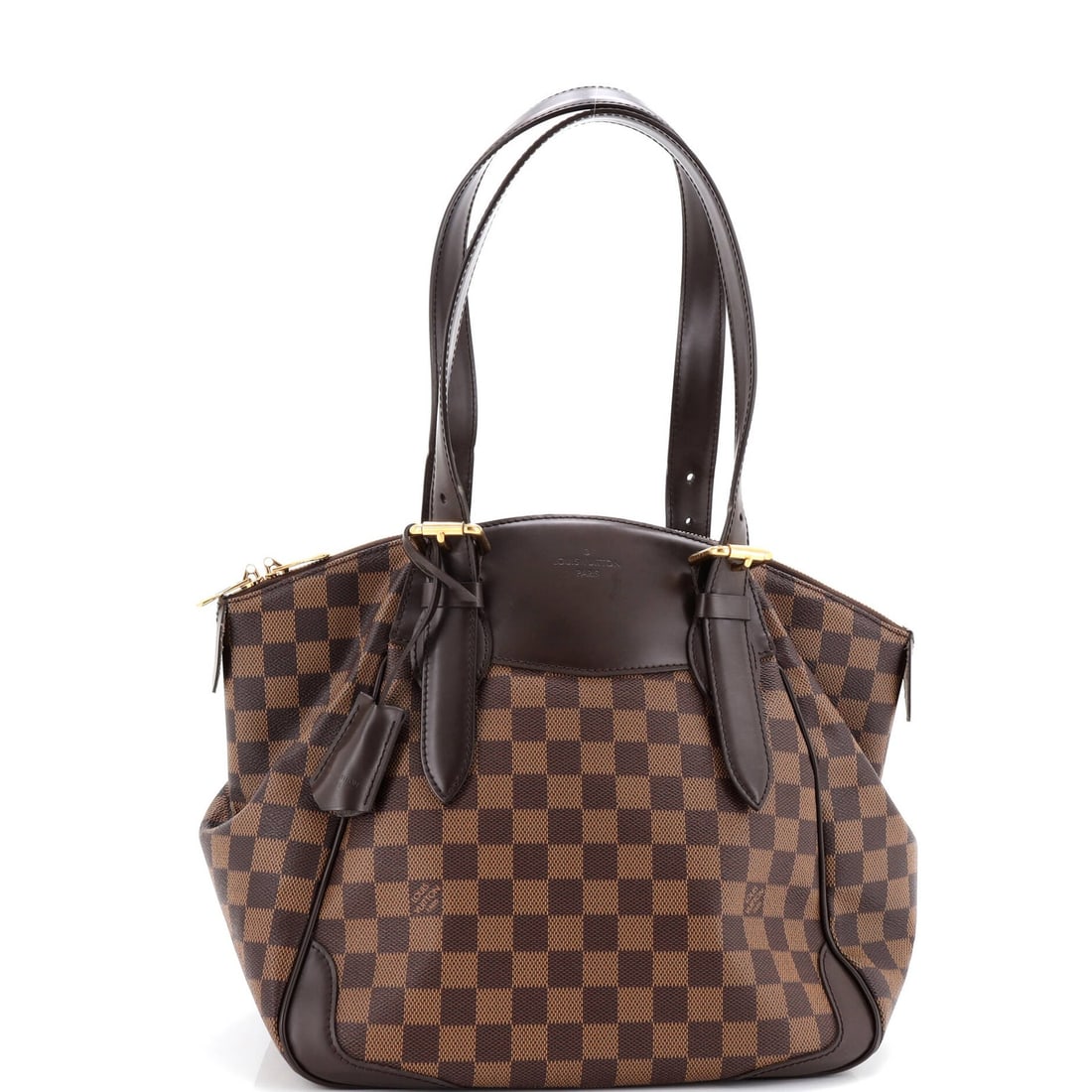 Handbag Louis Vuitton Verona Damier: Handbag Louis Vuitton Verona Damier Canvas Coated Louis Vuitton Verona Damier MM in Brown, featuring a classic shoulder bag design with a gold-tone lock and keys, and a spacious interior with a red fa