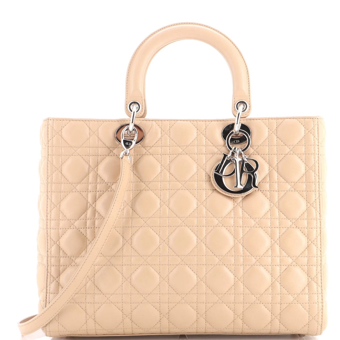 Lady Dior Bag Lambskin Cannage Quilt Large Christian Dior: Lady Dior Bag Lambskin Cannage Quilt Large Christian Dior Large Lady Dior Bag in Neutral Lambskin Cannage Quilt Style, featuring a spacious interior and sturdy silver hardware. Minor scuffs and