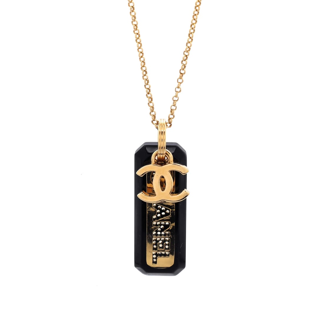 CC Logo Plate Pendant Necklace Metal with Resin Crystals Chanel: CC Logo Plate Pendant Necklace Metal with Resin Crystals Chanel Gold Metal CC Logo Plate Pendant Necklace with Resin Crystals, a stunning Chanel-inspired piece, boasts a sleek black and gold