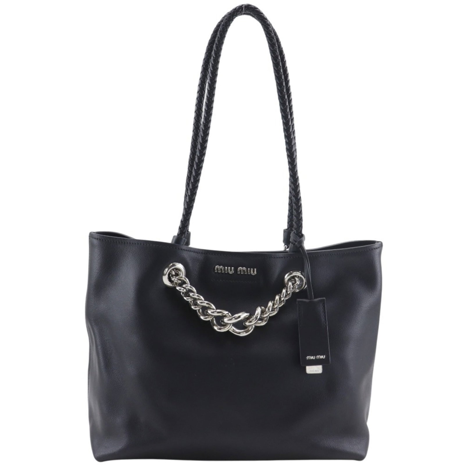 Miu Tote Bag Leather: Miu Tote Bag Leather Black calfskin leather tote bag with a 27cm drop handle, measuring 25cm x 30cm x 14cm. This stylish bag features high-quality leather construction, weighing 760g. Made from