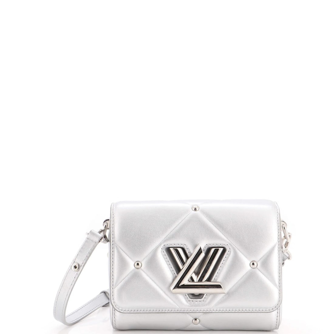 Louis Vuitton Leather Quilted Studded Twist Handbag PM: Louis Vuitton Leather Quilted Studded Twist Handbag PM Louis Vuitton Leather Quilted Studded Twist Handbag PM - A striking silver studded quilted leather cross body bag with a mirror and strap accesso